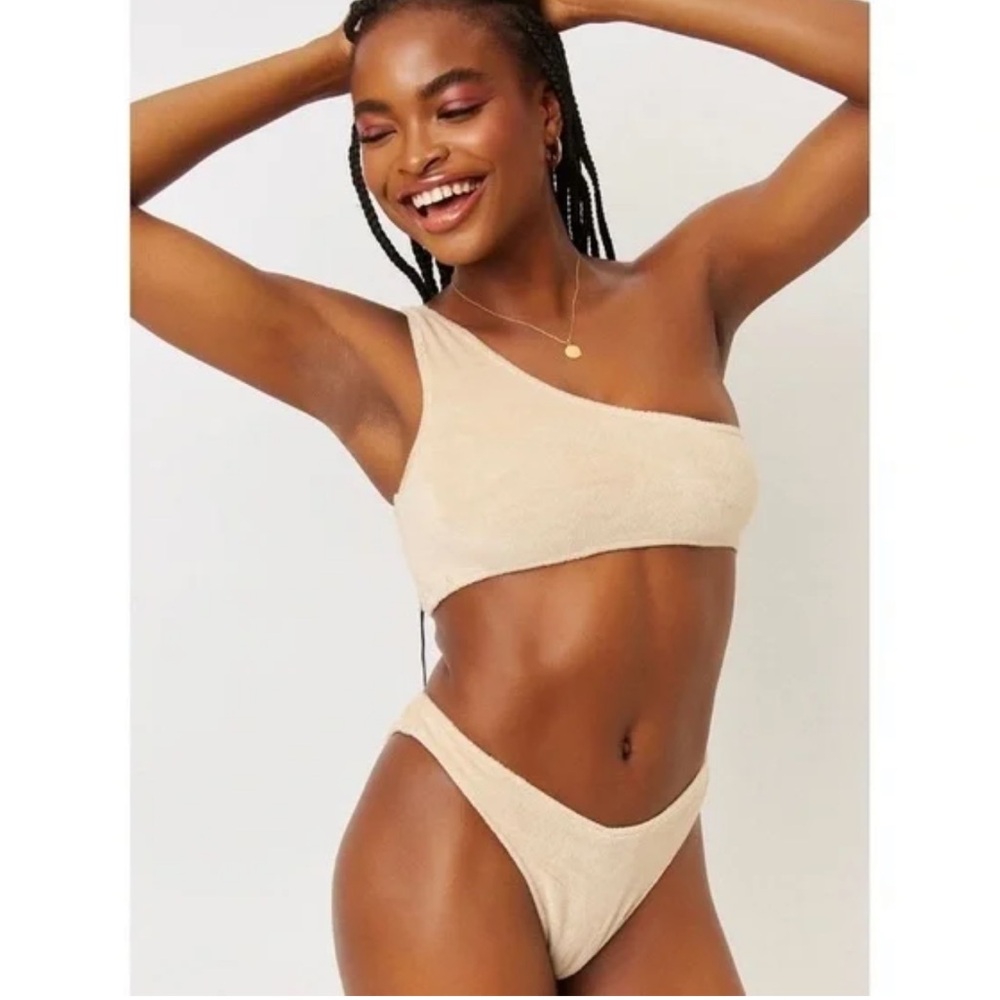 Frankies Bikinis One-Shoulder Terry Cloth Set in Nude